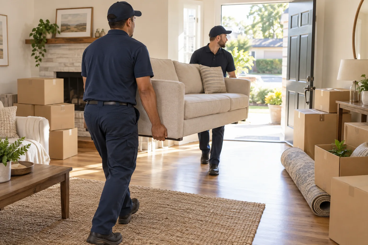 Workers carrying a sofa through a prepared living room